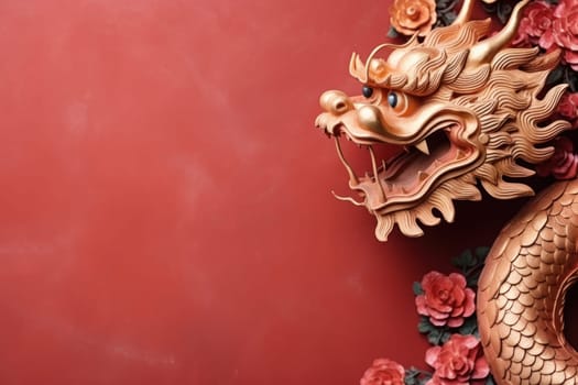 Golden Chinese dragon on red color background. Generative AI.