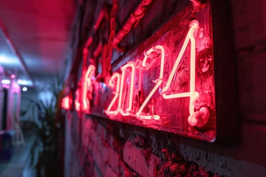 Pink neon light with number 2024 on dark. Generative AI.