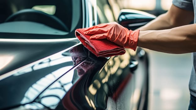 A man meticulously cleaning a car with a microfiber cloth. Generative AI.