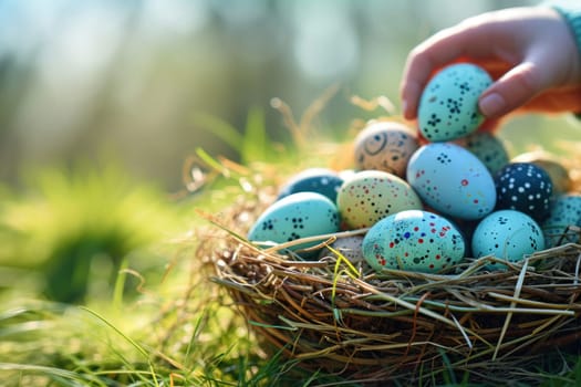 Hand holding Easter Eggs in a Basket on Sunny Spring Background.