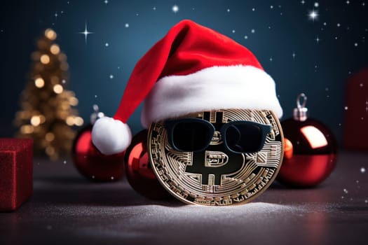 Bitcoin wearing Santa hat Christmas background. Generative AI.