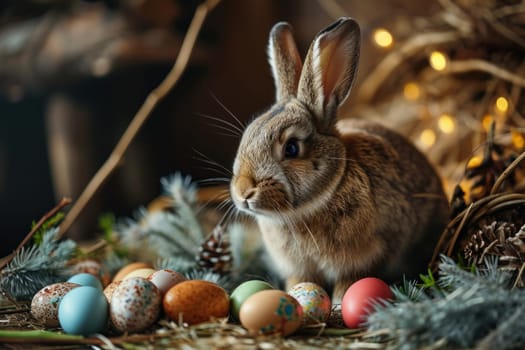 A rabbit as an Easter bunny with eggs. Generative AI.
