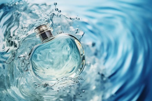 Bottle perfume on the water, clear water waves, white and blue background. Generative AI.