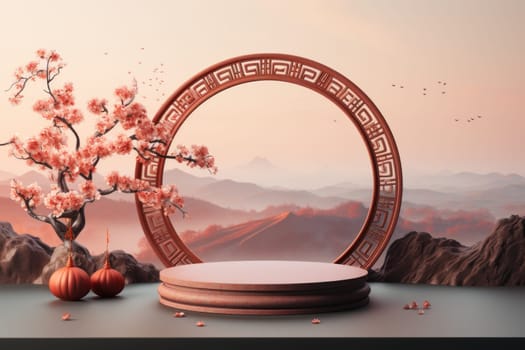 Chinese new year minimal clean spread out arch and podium background. Generative AI.