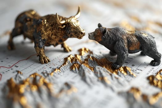 Stock market bull fighting bear top of stock market graph. Generative AI.