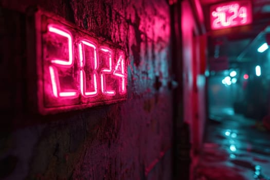 Pink neon light with number 2024 on dark. Generative AI.