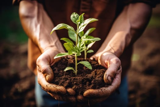 Farmer holding pile of ground with growing up plant under rain. Generative AI.