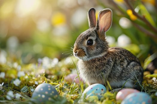 A rabbit as an Easter bunny with eggs. Generative AI.