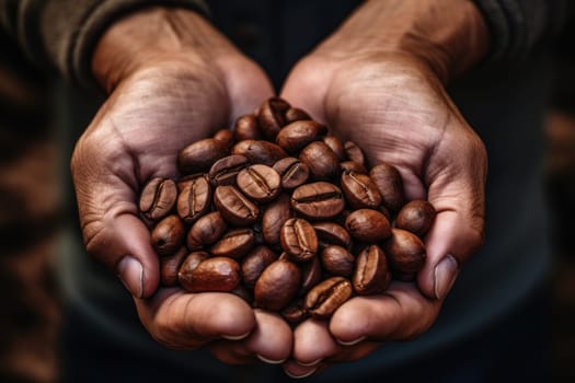 Hands holding roasted coffee beans. Generative AI.