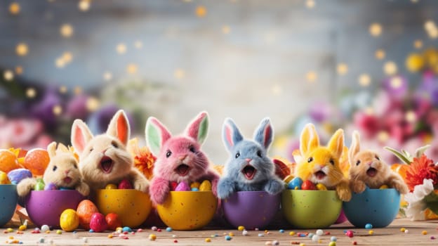 Happy Easter background banner panorama greeting card, colorful rabbits. Generative AI.