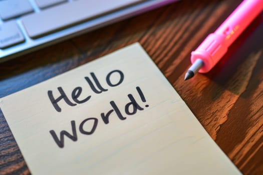 A photo of the text Hello World written with a marker on a sticky note. Generative AI.