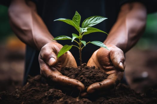 Farmer holding pile of ground with growing up plant under rain. Generative AI.