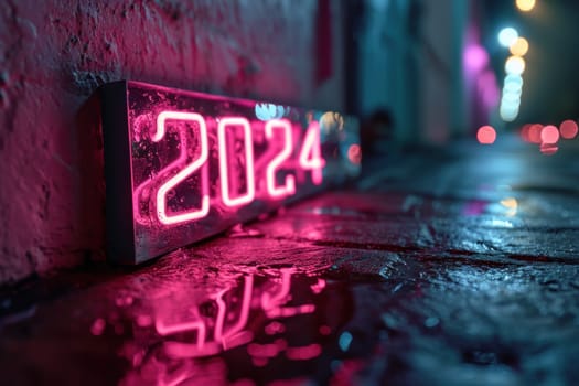 Pink neon light with number 2024 on dark. Generative AI.