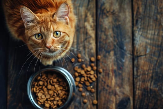 Top view, photo of a cat eating from a bowl of food, copy space. Generative AI.