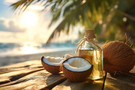 Glass bottle of oil next to coconuts on wooden table top, blurred sunny tropical beach background.