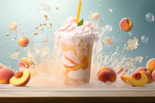 Peach smoothie frappe effect swirling wave Peach milk splash around glass. Generative AI.