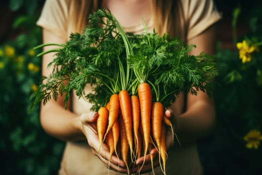 Woman holding carrots harvest on the plant. Generative AI.