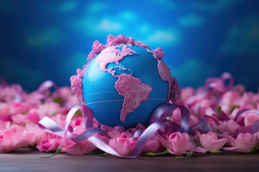World Cancer Day banner with a colorful ribbon intertwined with symbols of strength. Generative AI.