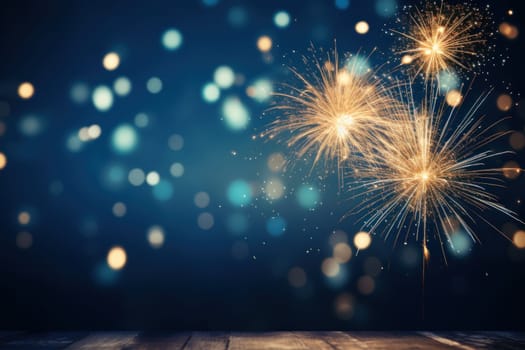 Gold Fireworks and bokeh in New Year eve on dark blue background. Generative AI.
