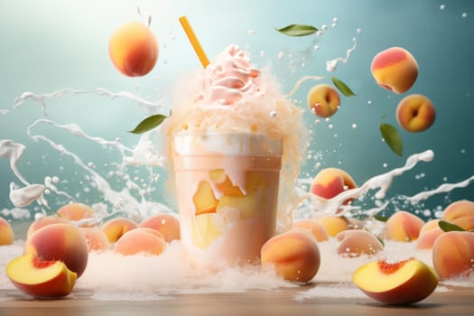 Peach smoothie frappe effect swirling wave Peach milk splash around glass. Generative AI.