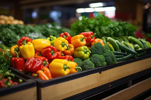 Self full of vegetables in supermarket. Generative AI.