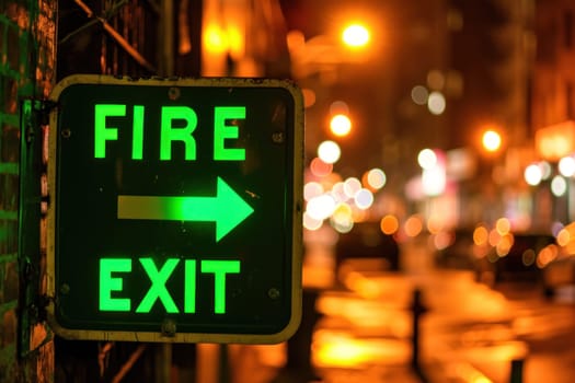 The indicator light shows the word FIRE EXIT. Generative AI.