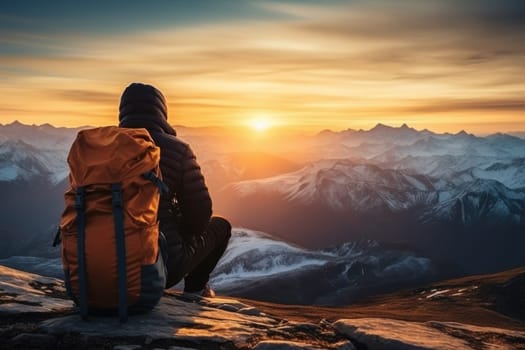 A person's sitting on the hight moutain winter, sunrise. Generative AI.