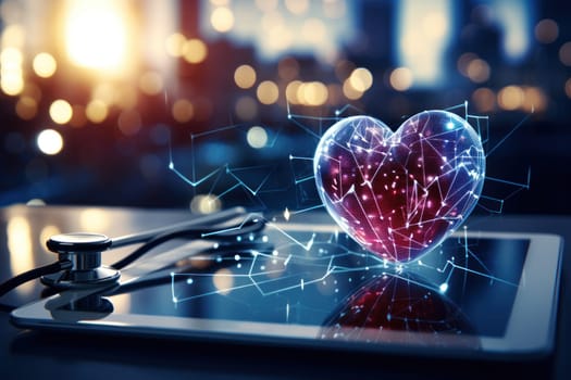 Close-up image of displaying an icon of a heart, representing cardiology. Generative AI.