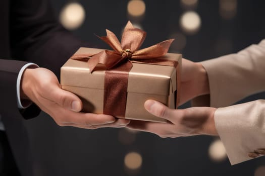 Adult hands giving a Christmas gift and New Year gift to each other. Generative AI.