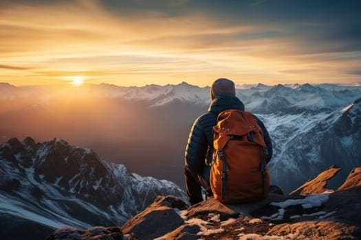 A person's sitting on the hight moutain winter, sunrise. Generative AI.