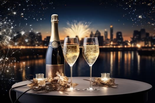 Two Glasses of champagne and bottle against fireworks and holiday lights. Generative AI.