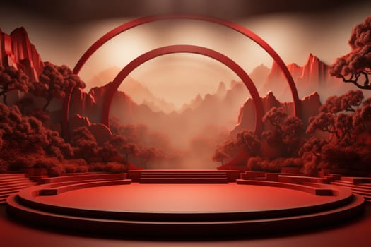 Chinese new year minimal clean spread out arch and podium background. Generative AI.