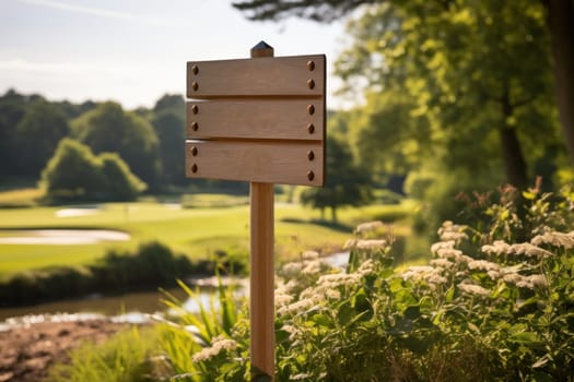 Close up golf course wooden wayfinding signage board. Generative AI.
