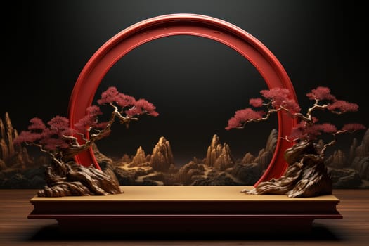 Red and gold podium with ornament as Chinese new year greeting card background. Generative AI.