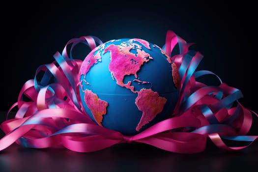 World Cancer Day banner with a colorful ribbon intertwined with symbols of strength. Generative AI.