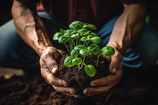 Farmer holding pile of ground with growing up plant under rain. Generative AI.