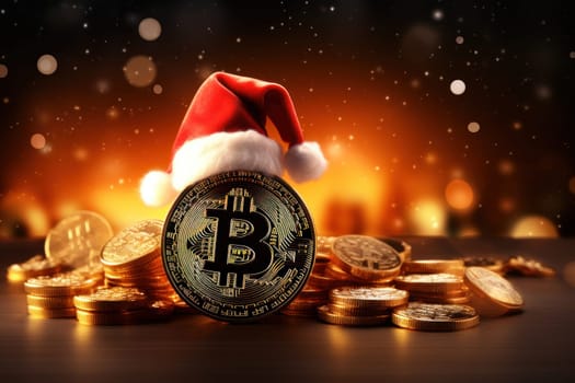 Bitcoin wearing Santa hat Christmas background. Generative AI.
