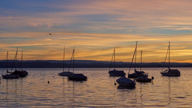 Bodensee Lake Panorama. Evening, twilight, setting sun, picturesque landscape, serene waters, boats and yachts at the dock, beautiful sky with clouds reflecting in the water, riverside at dusk, showcasing the coexistence of technology and production with the environment.