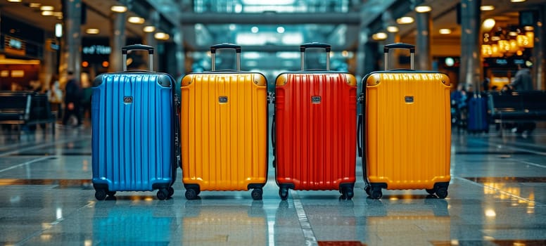 Four suitcases at the station. Travel and vacation theme background. Travel banner.