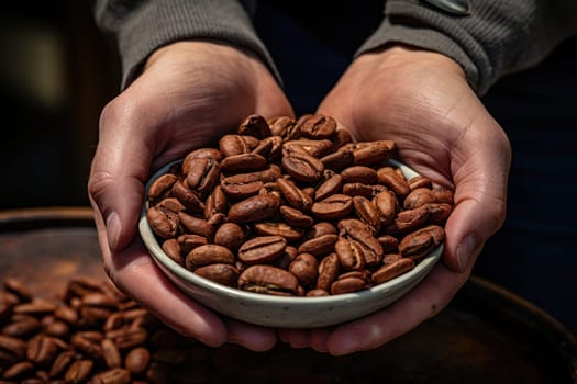 Hands holding roasted coffee beans. Generative AI.