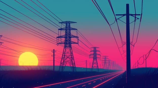 Flat illustration of High voltage power lines at sunset. Energy supply. Metal frame poles support wires.