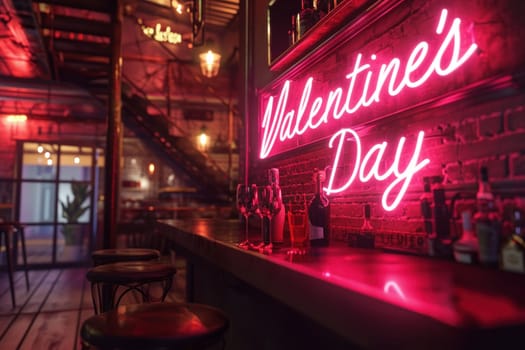 Neon sign that says Valentine's Day. Generative AI.
