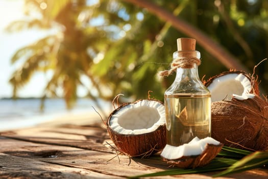 Glass bottle of oil next to coconuts on wooden table top, blurred sunny tropical beach background.