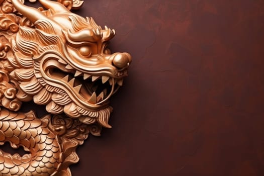 Golden Chinese dragon on red color background. Generative AI.