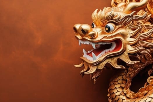 Golden Chinese dragon on red color background. Generative AI.