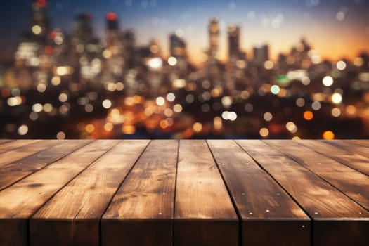 Empty wooden table with blurred background with a city with fireworks on New Year. Generative AI.