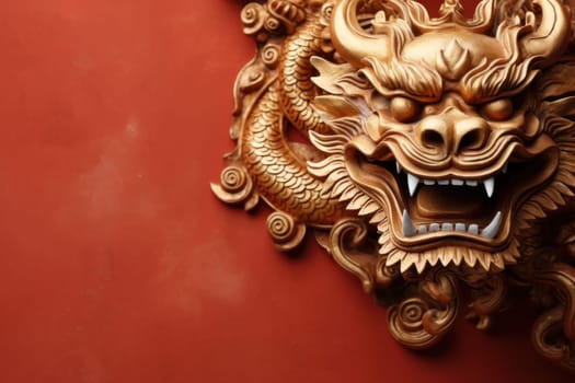 Golden Chinese dragon on red color background. Generative AI.