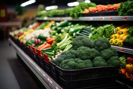 Self full of vegetables in supermarket. Generative AI.