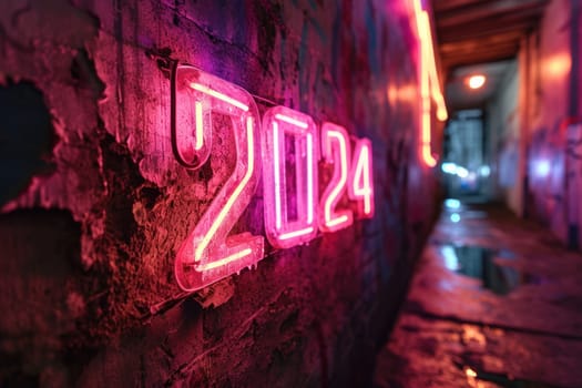 Pink neon light with number 2024 on dark. Generative AI.