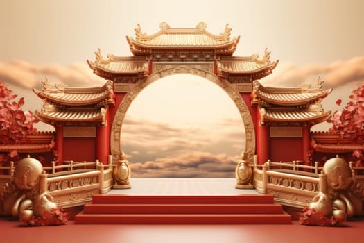 Red and gold podium with ornament as Chinese new year greeting card background. Generative AI.